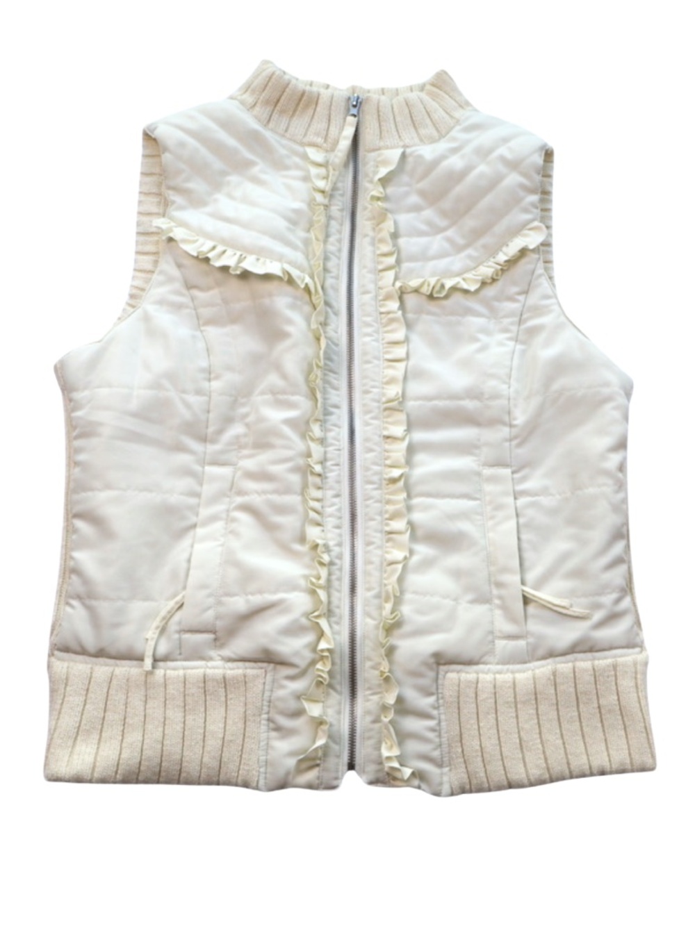 I.N. Studio Cream Quilted Ruffle Zip Vest Large